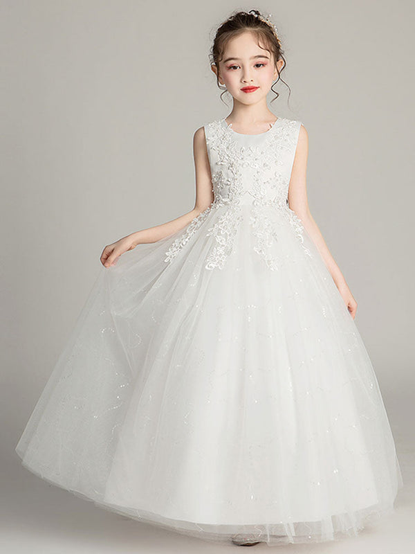 Jewel Neck Tulle Sleeveless Ankle Length Princess Embroidered Kids Party Dresses