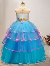 Jewel Neck Tulle Sleeveless Ankle Length Princess Embroidered Kids Social Party Dresses