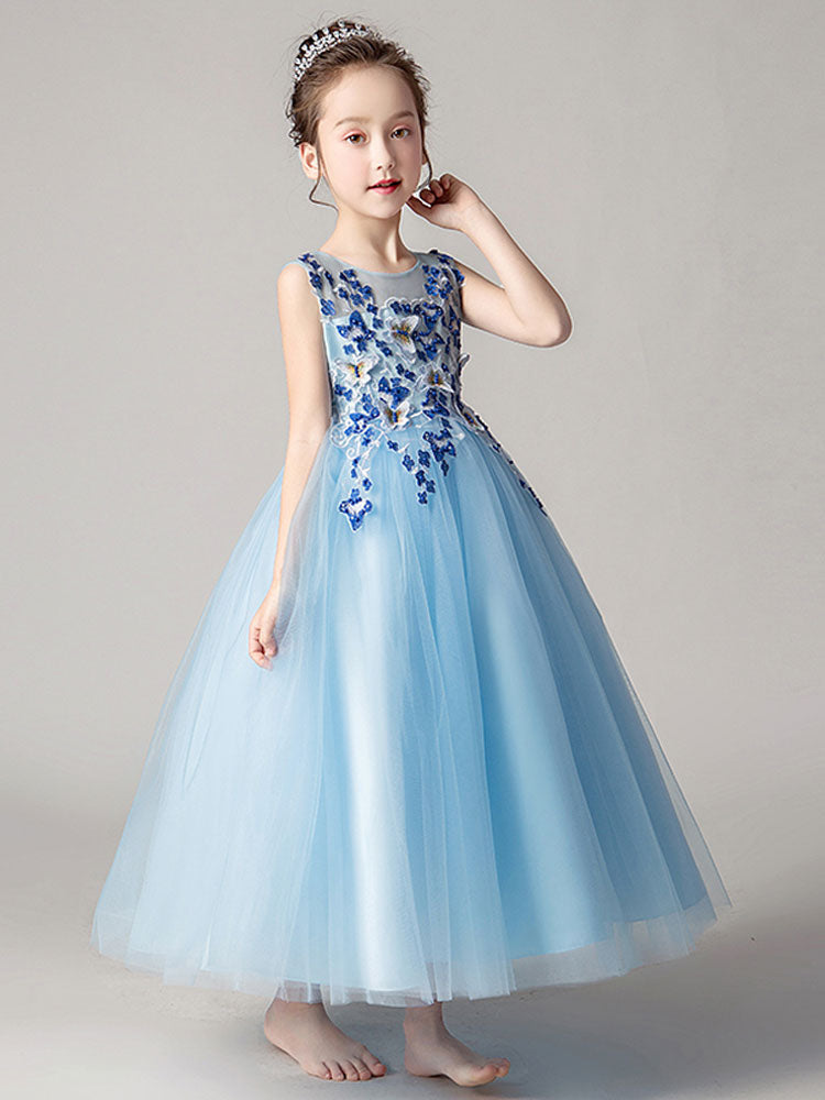 Jewel Neck Tulle Sleeveless Ankle Length Princess Flowers Kids Party Dresses