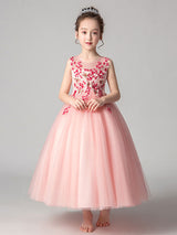 Jewel Neck Tulle Sleeveless Ankle Length Princess Flowers Kids Party Dresses