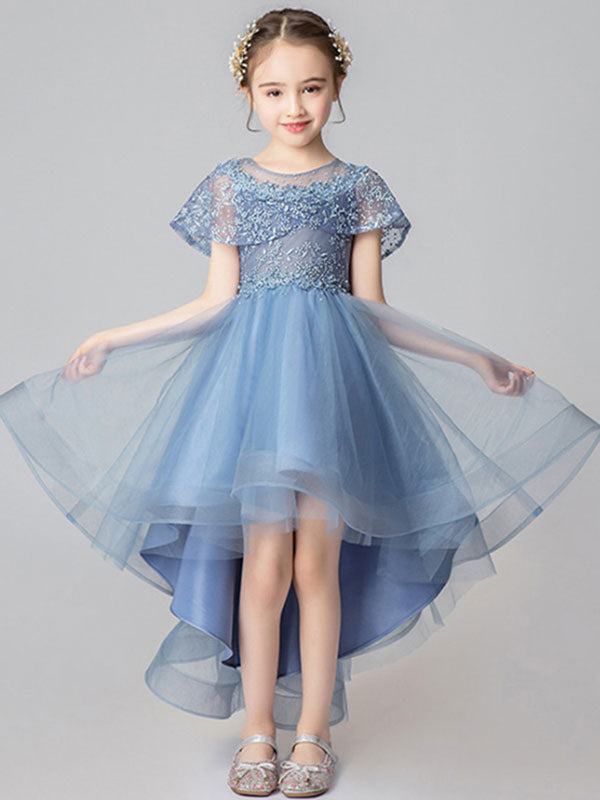 Jewel Neck Tulle Sleeveless Asymmetrical Princess Embroidered Kids Party Dresses