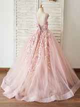 Jewel Neck Tulle Sleeveless Floor-Length Princess Beaded Kids Party Dresses