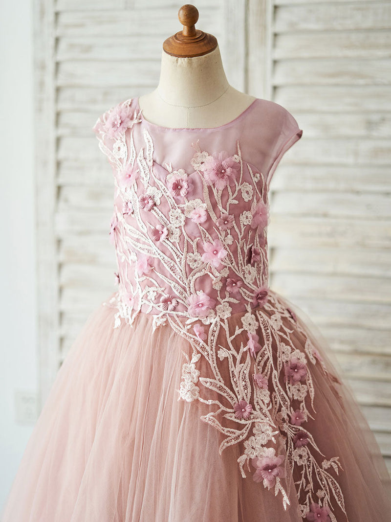 Jewel Neck Tulle Sleeveless Floor-Length Princess Beaded Kids Party Dresses