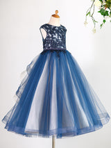 Jewel Neck Tulle Sleeveless Floor Length Princess Lace Kids Social Party Dresses