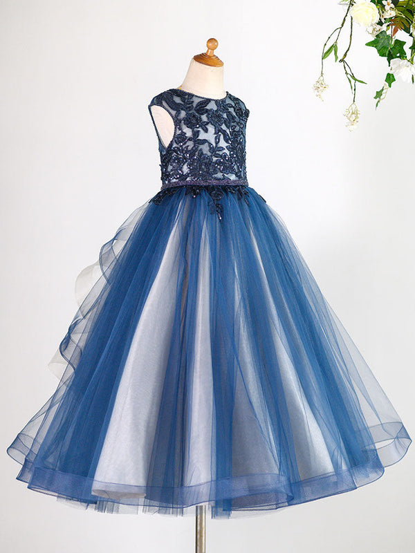 Jewel Neck Tulle Sleeveless Floor Length Princess Lace Kids Social Party Dresses