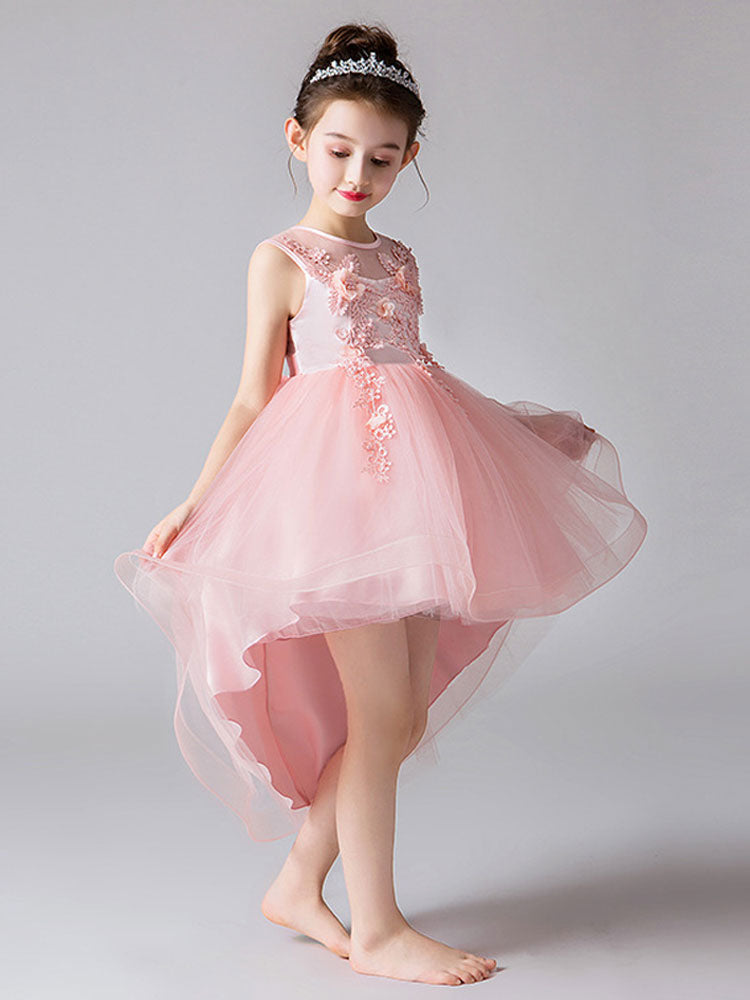 Jewel Neck Tulle Sleeveless Princess High Low Short Embroidered Kids Social Party Dresses