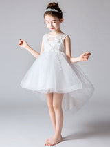 Jewel Neck Tulle Sleeveless Princess High Low Short Embroidered Kids Social Party Dresses
