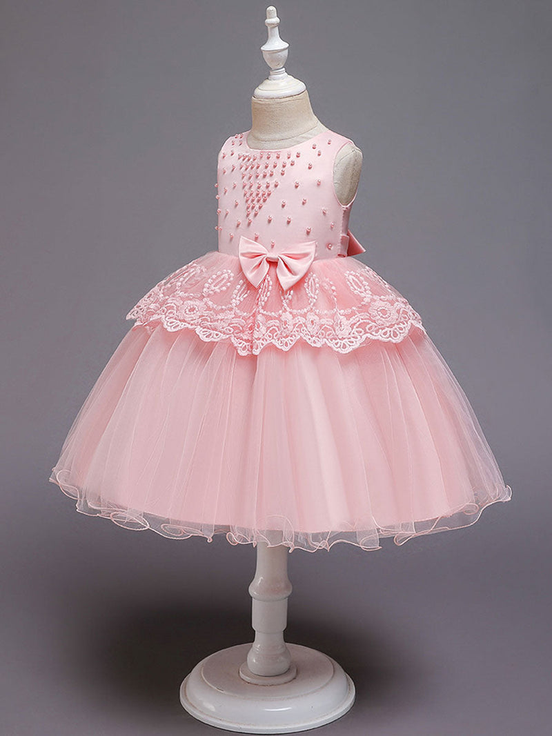 Jewel Neck Tulle Sleeveless Short Princess Bows Formal Kids Pageant flower girl dresses
