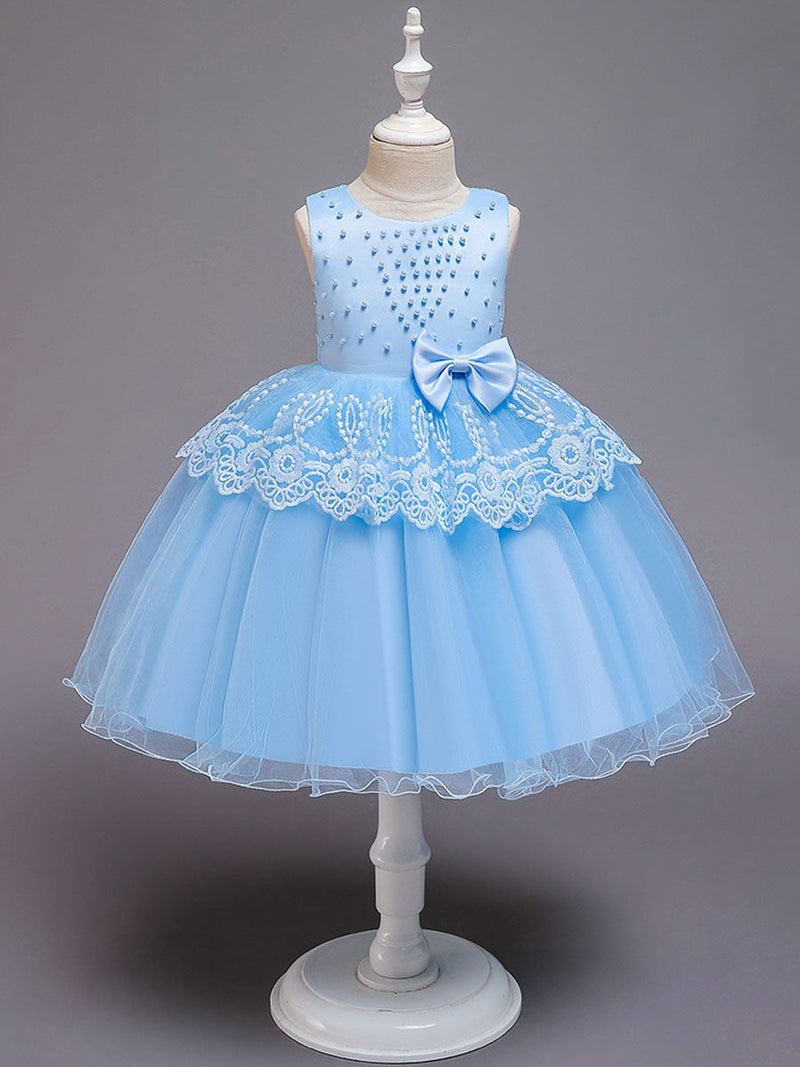 Jewel Neck Tulle Sleeveless Short Princess Bows Formal Kids Pageant flower girl dresses