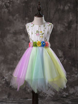Jewel Neck Tulle Sleeveless Short Sash Princess Embroidered Kids Social Party Dresses