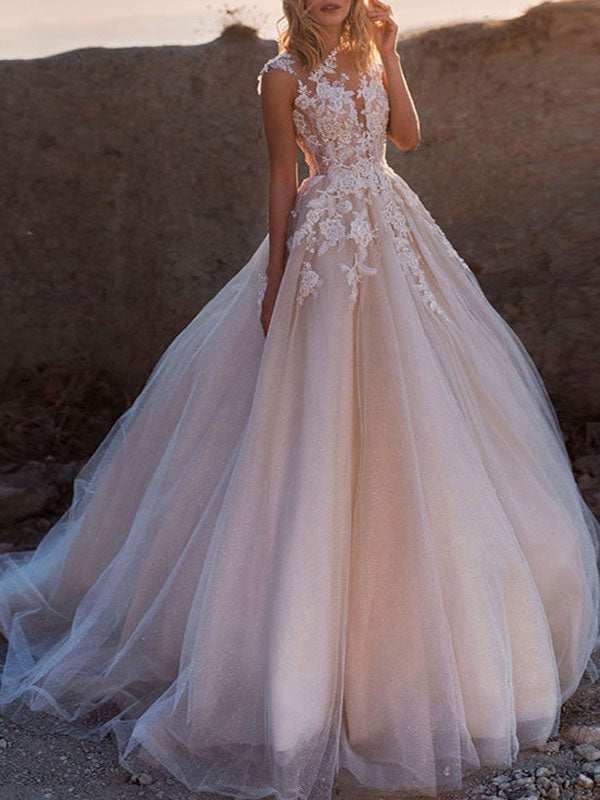 Jewel Neck Wedding Dresses Princess Silhouette Sleeveless Lace Soft Pink Tulle Bridal Gowns
