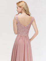 Lace A Line V Neck Short Sleeve Floor Length Bridesmaid Dresses