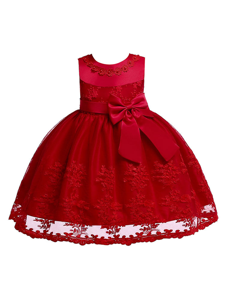 Lace Bow A-line Kids Short Formal Party Dress