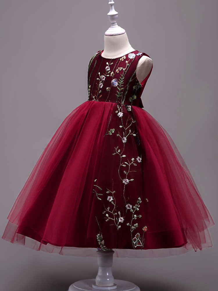 Lace Embroidered Kids Tutu Dress Tulle Sleeveless Burgundy Little Girls Party Dress