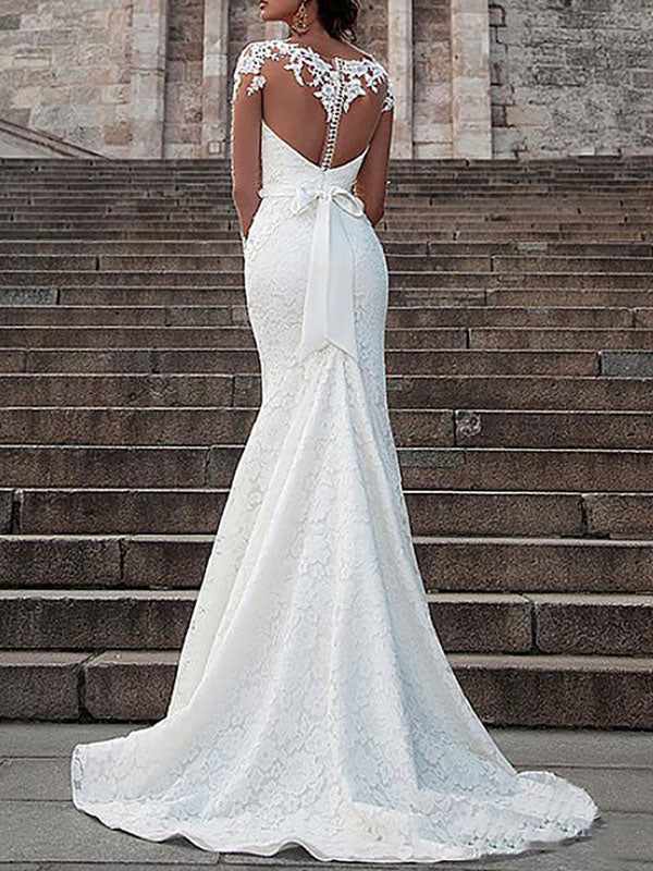 Lace Illusion Wedding Dress Neck Long Sleeves Mermaid Bridal Gowns With Court Train
