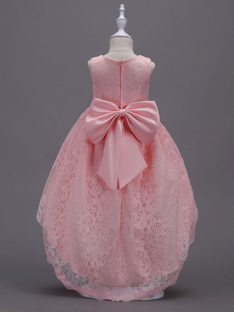 Lace Pink High Low Ball Gowns Sleeveless Bow Sash Princess Party Dresses