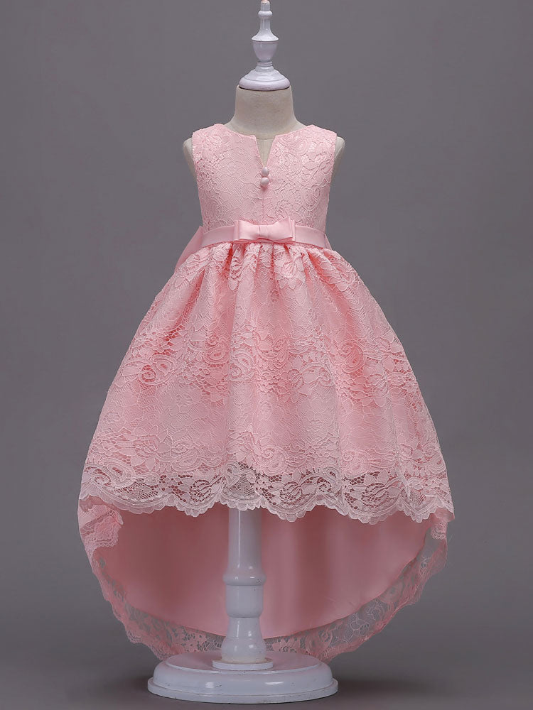 Lace Pink High Low Ball Gowns Sleeveless Bow Sash Princess Party Dresses