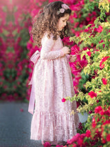Lace Pink Round Neck Long Sleeve Flower Girl Dress