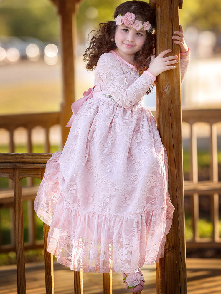 Lace Pink Round Neck Long Sleeve Flower Girl Dress