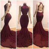 Lace Top High-Neck Mermaid Long Burgundy Evening Gowns Prom Dresses