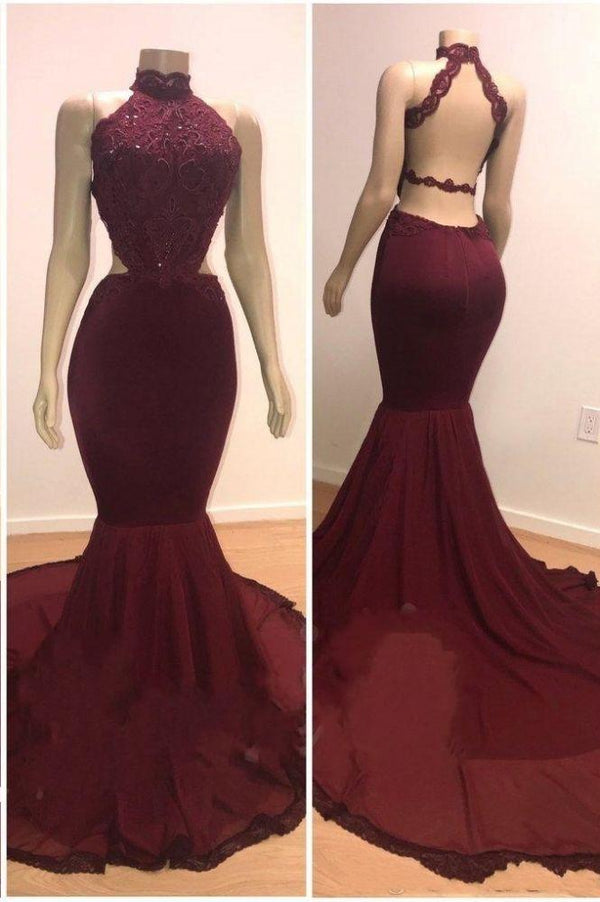 Lace Top High-Neck Mermaid Long Burgundy Evening Gowns Prom Dresses
