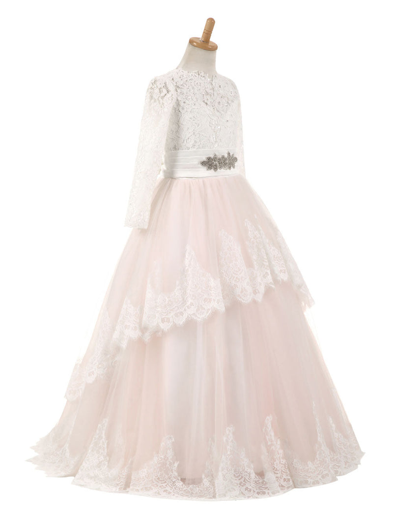 Lace Tulle Bows Satin Pageant Dresses Round Neck Long Sleeve Sash Blush Pink Floor Length Party Dress
