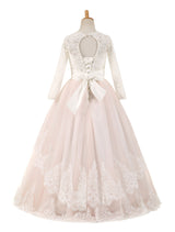 Lace Tulle Bows Satin Pageant Dresses Round Neck Long Sleeve Sash Blush Pink Floor Length Party Dress