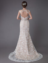 Lace Wedding Dress Champagne Jewel Sleeveless Sexy Backless Mermaid Beach Wedding Gown With Train Exclusive