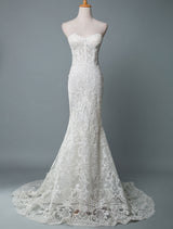 Lace Wedding Dress Mermaid Sweetheart Strapless Sleeveless Long With Train Bridal Gowns