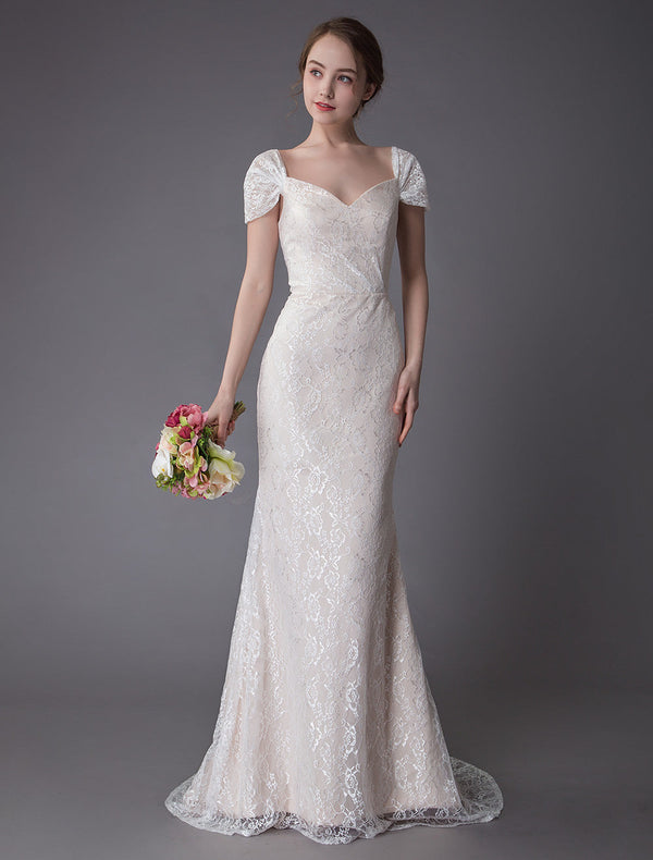 Lace Wedding Dress Vanilla Cream Sweetheart Short Sleeve Bridal Dress Mermaid Bridal Gown With Train Exclusive