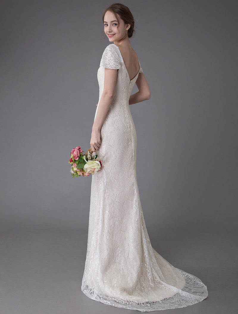 Lace Wedding Dress Vanilla Cream Sweetheart Short Sleeve Bridal Dress Mermaid Bridal Gown With Train Exclusive