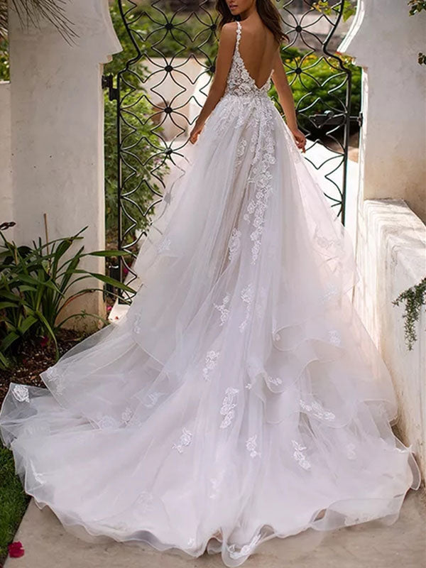 Lace Wedding Dresses A-line Chic V-Neck Sleeveless Appliqued Bridal Gowns With Train