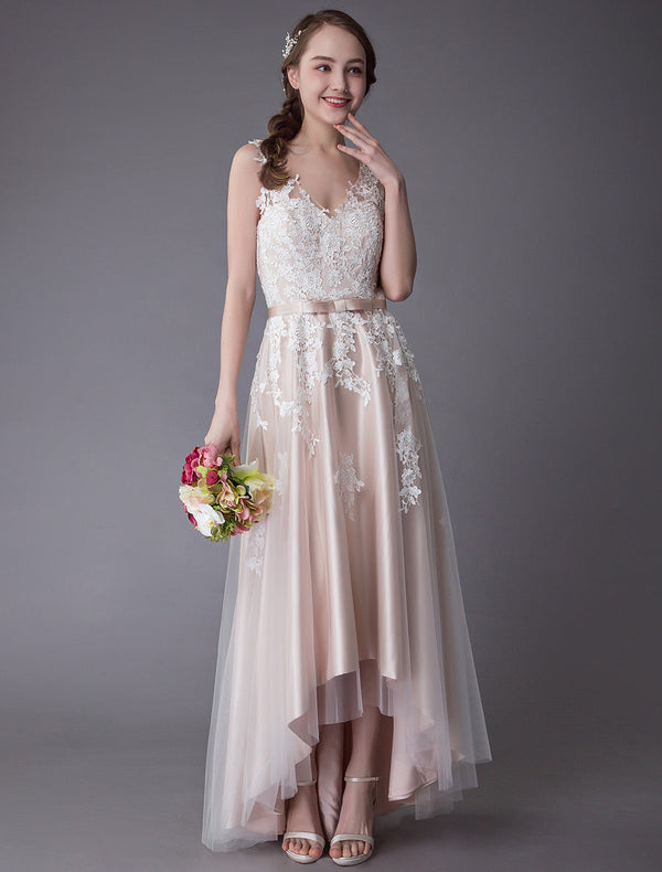 Lace Wedding Dresses High Low Bow Sash Tulle Applique Summer Beach Colored Bridal Gowns Exclusive