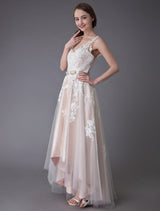 Lace Wedding Dresses High Low Bow Sash Tulle Applique Summer Beach Colored Bridal Gowns Exclusive