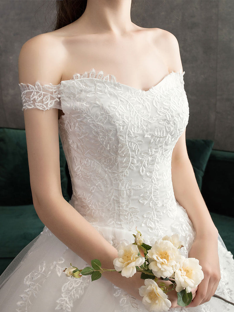 Princess Wedding Dresses White Ivory Lace Applique Off Shoulder