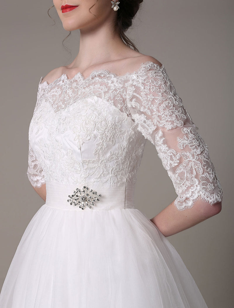 Lace Wedding Dresses Short Off The Shoulder A-line Knee Length Waist Rhinestone Bridal Dress Exclusive