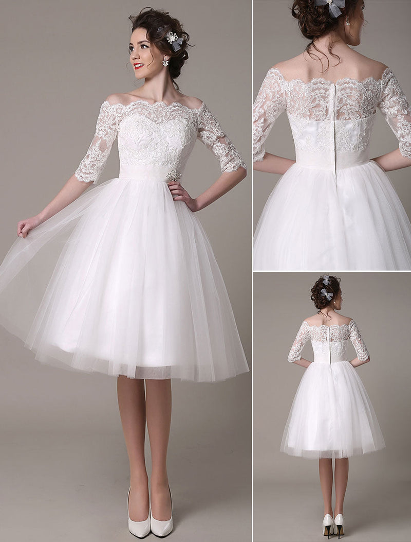 Lace Wedding Dresses short off the shoulder A-line Knee Length