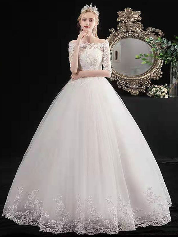 Latest Cheap Wedding Dresses Eric White Off The Shoulder Half Sleeves Ball Gown Soft Tulle Lace Up Long Bride Dresses