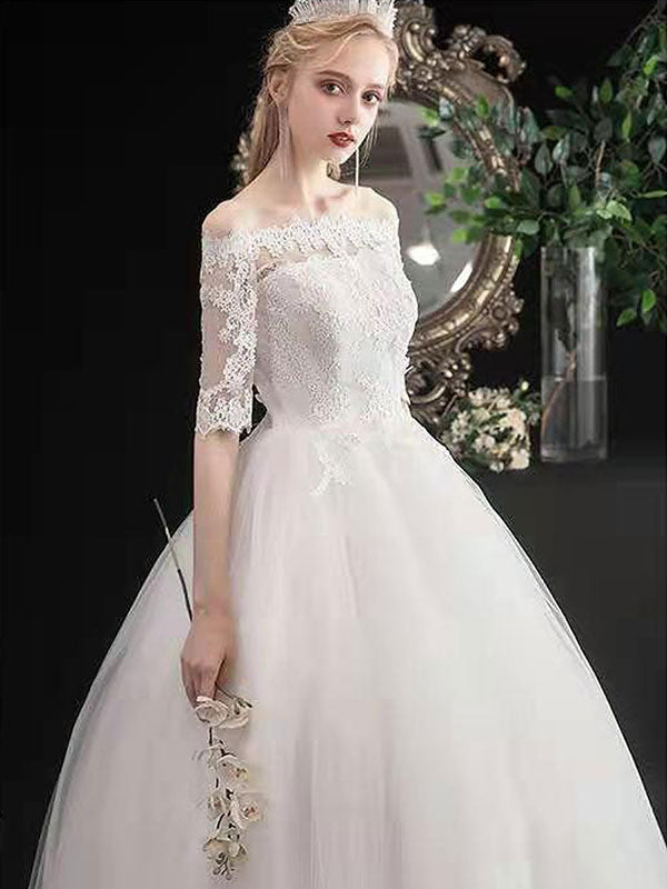 Latest Cheap Wedding Dresses Eric White Off The Shoulder Half Sleeves Ball Gown Soft Tulle Lace Up Long Bride Dresses