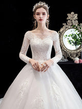 Latest White Wedding Dress Ball Gown Cathedral Train Jewel Neck 3/4 Length Sleeves Applique Satin Fabric Bridal Gowns