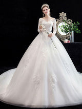 Latest White Wedding Dress Ball Gown Cathedral Train Jewel Neck 3/4 Length Sleeves Applique Satin Fabric Bridal Gowns