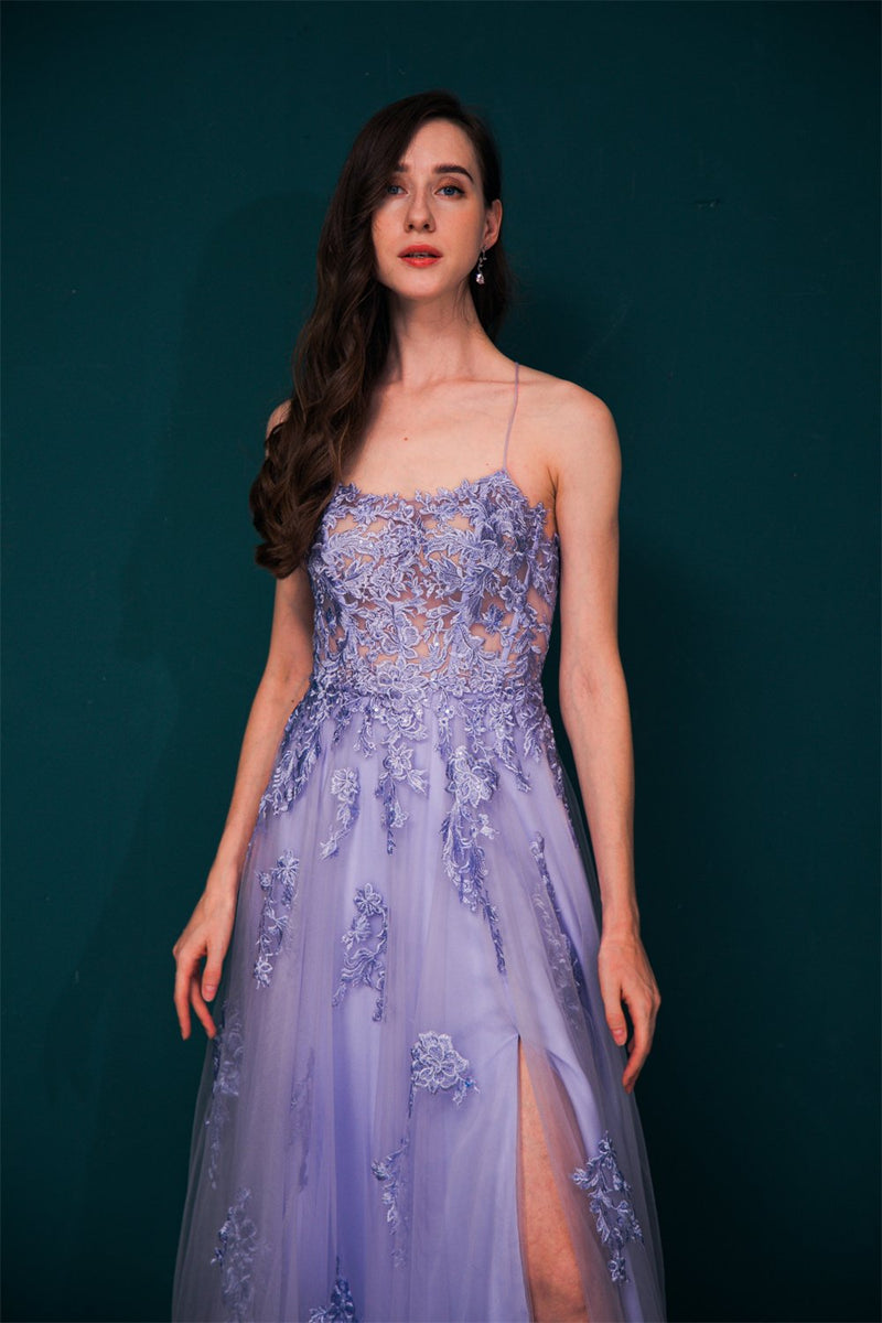 Lavender Spaghetti-Straps Lace Appliques High split Prom Dress