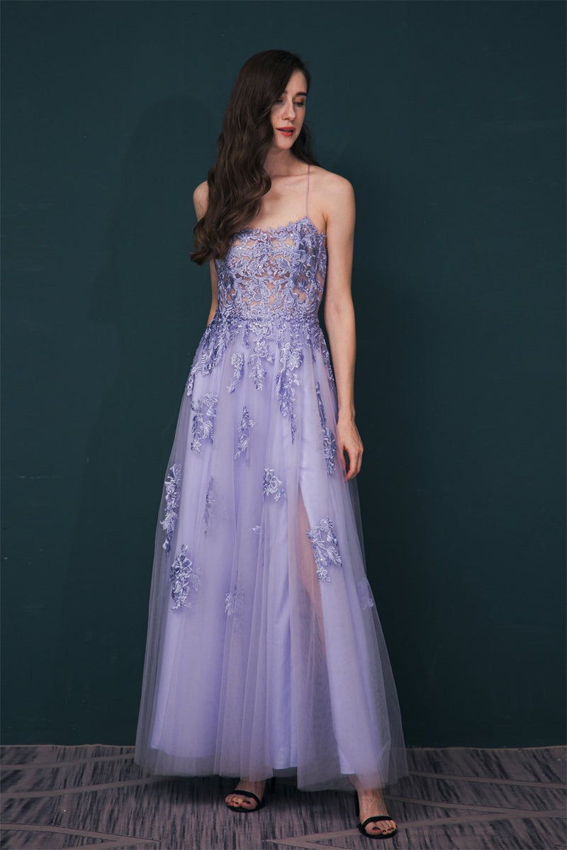 Lavender Spaghetti-Straps Lace Appliques High split Prom Dress