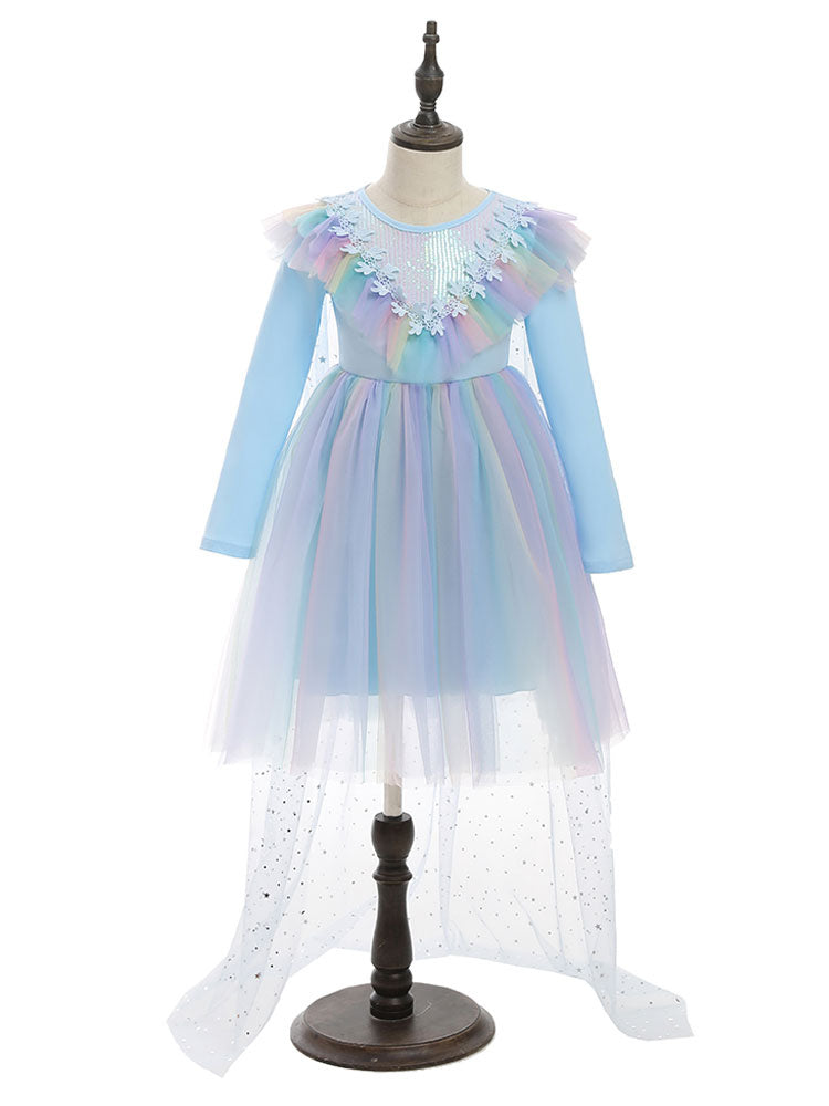 Light Blue Designed Neckline Polyester Sleeveless Short A-Line Polyester Cotton Tulle Sequins Kids Social Party Dresses