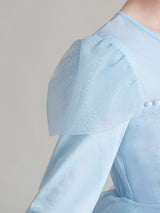 Light Blue Jewel Neck Polyester Cotton Long Sleeves Short A-Line Beaded Formal Kids Pageant flower girl dresses