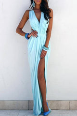 Light Blue Prom Dresses V-Neck Ruffles Sleeveless Chic Split Sloor Length Beach Evening Gowns
