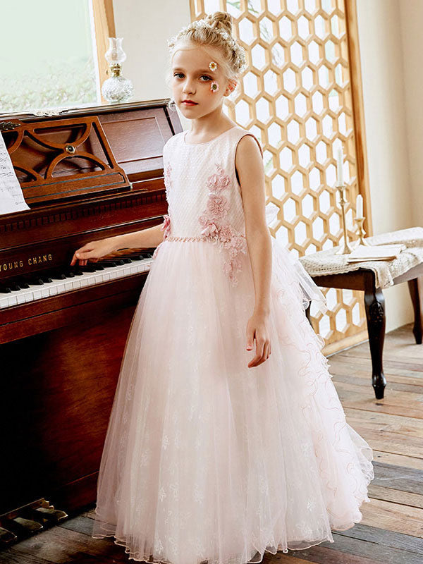 Light Pink Jewel Neck Lace Sleeveless Ankle-Length A-Line Sash Kids Social Party Dresses