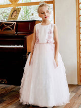 Light Pink Jewel Neck Lace Sleeveless Ankle-Length A-Line Sash Kids Social Party Dresses