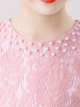Light Pink Jewel Neck Long Sleeves Beaded Tulle Lace Kids Social Party Dresses