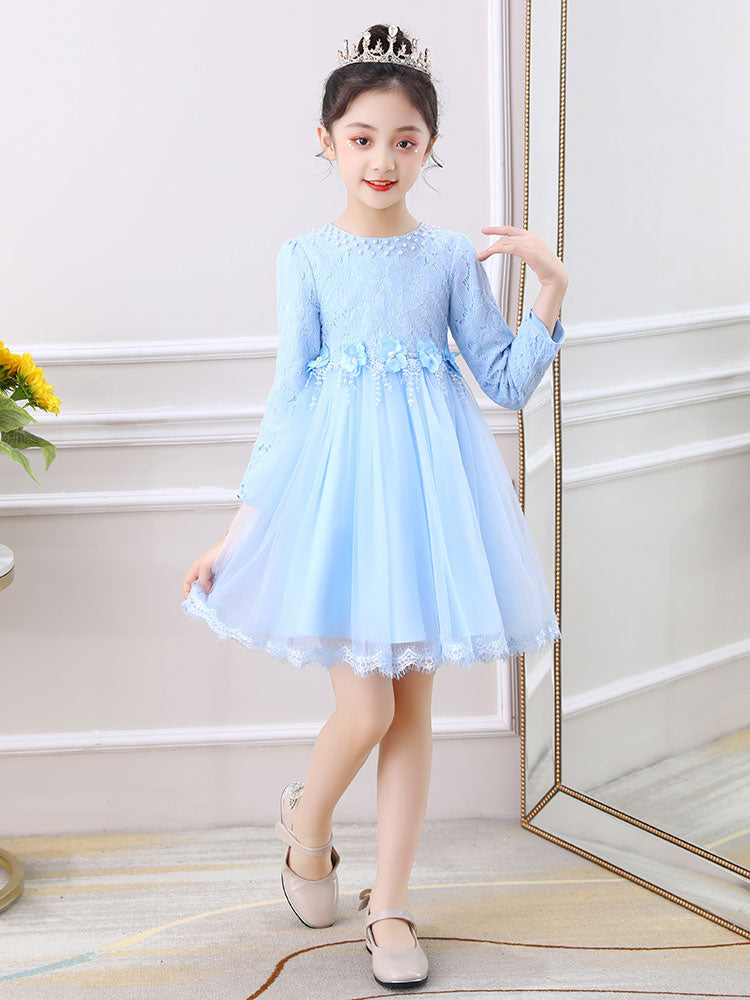 Light Pink Jewel Neck Long Sleeves Beaded Tulle Lace Kids Social Party Dresses
